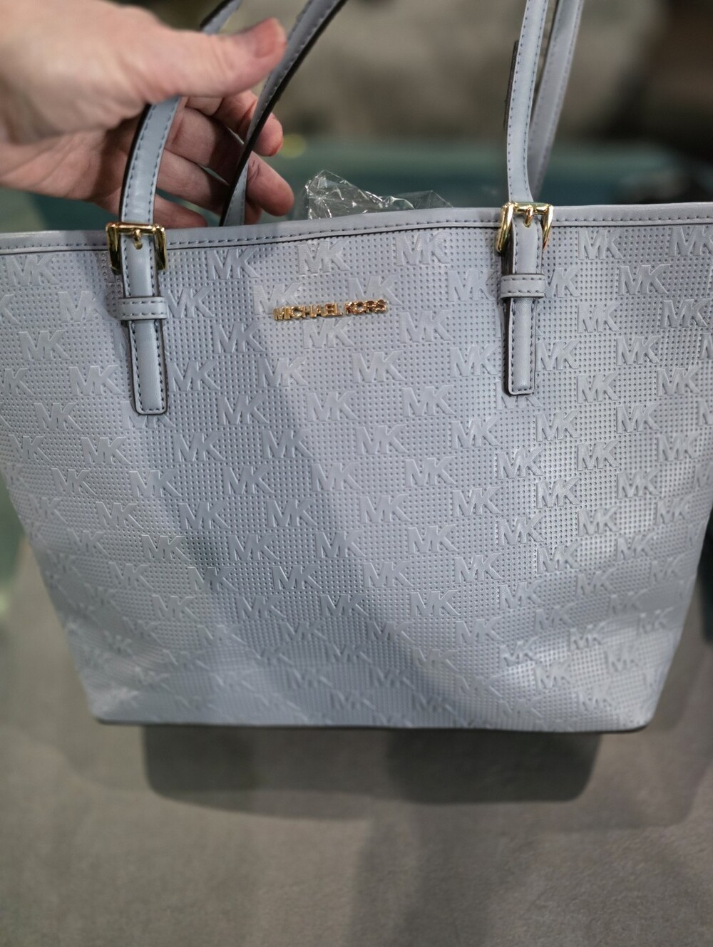 New Michael Kors Light Blue Embossed MK Logo Tote with Gold Hardware